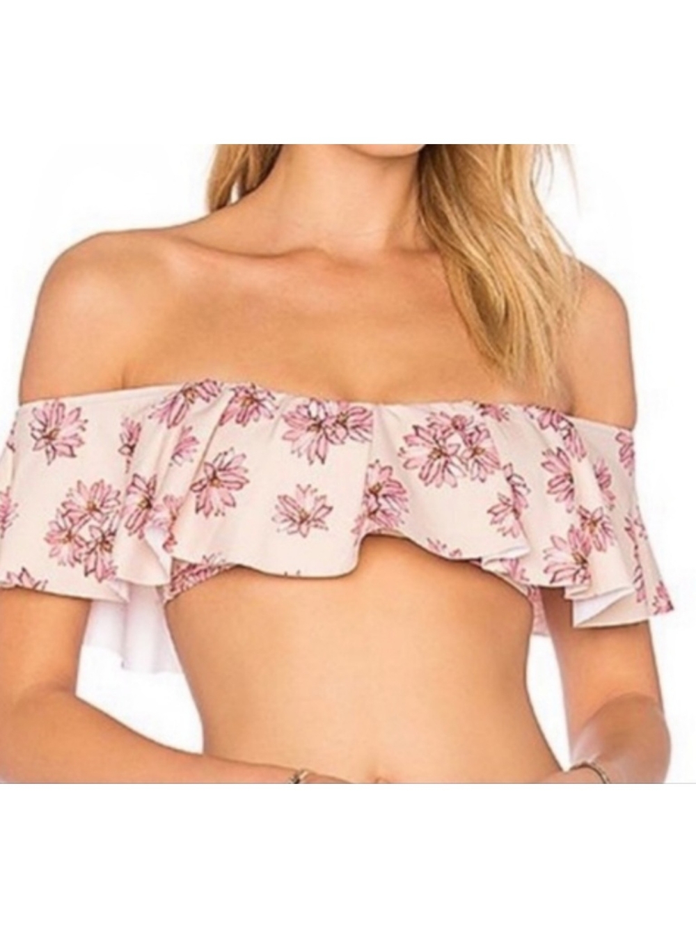 Eberjey Flying Lotus Off-Shoulder Ruffle Bikini Top And String Bikini Bottom Set